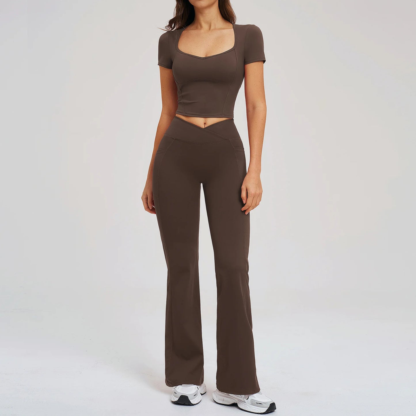2PCS Women's Yoga Tracksuit midriff-baring short sleeve top high waist Bell-bottom Women Gym Running Training Workout Yoga Set