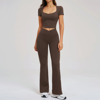 2PCS Women's Yoga Tracksuit midriff-baring short sleeve top high waist Bell-bottom Women Gym Running Training Workout Yoga Set