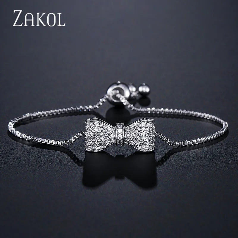 ZAKOL Fashion Bow Zirconia Crystal  Adjustable Bracelet & Bangle for Women Brilliant CZ Party Jewelry
