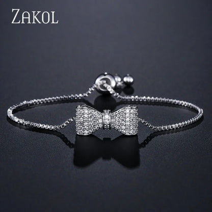 ZAKOL Fashion Bow Zirconia Crystal  Adjustable Bracelet & Bangle for Women Brilliant CZ Party Jewelry