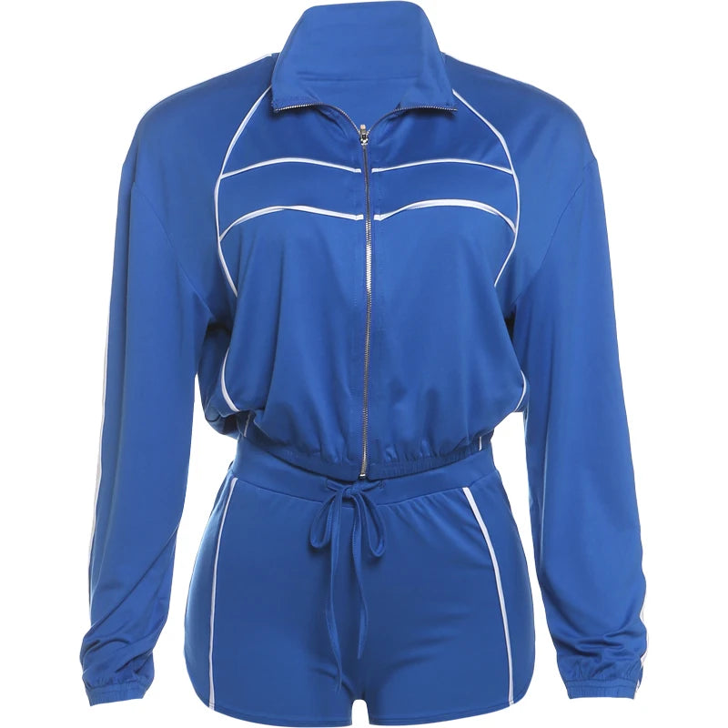 Weird Puss Casual Sporty 2 Piece Set Women Zipper Cardigan Polo-Neck Jacket+Drawstring Skinny Shorts Daily Fashion Tracksuits