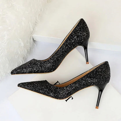 Women Luxury Bling Red  Blue Valentine Party Scarpins Pumps Lady Glitter Sequins 7cm 9.5cm High Heels Designer Shoes Plus Size