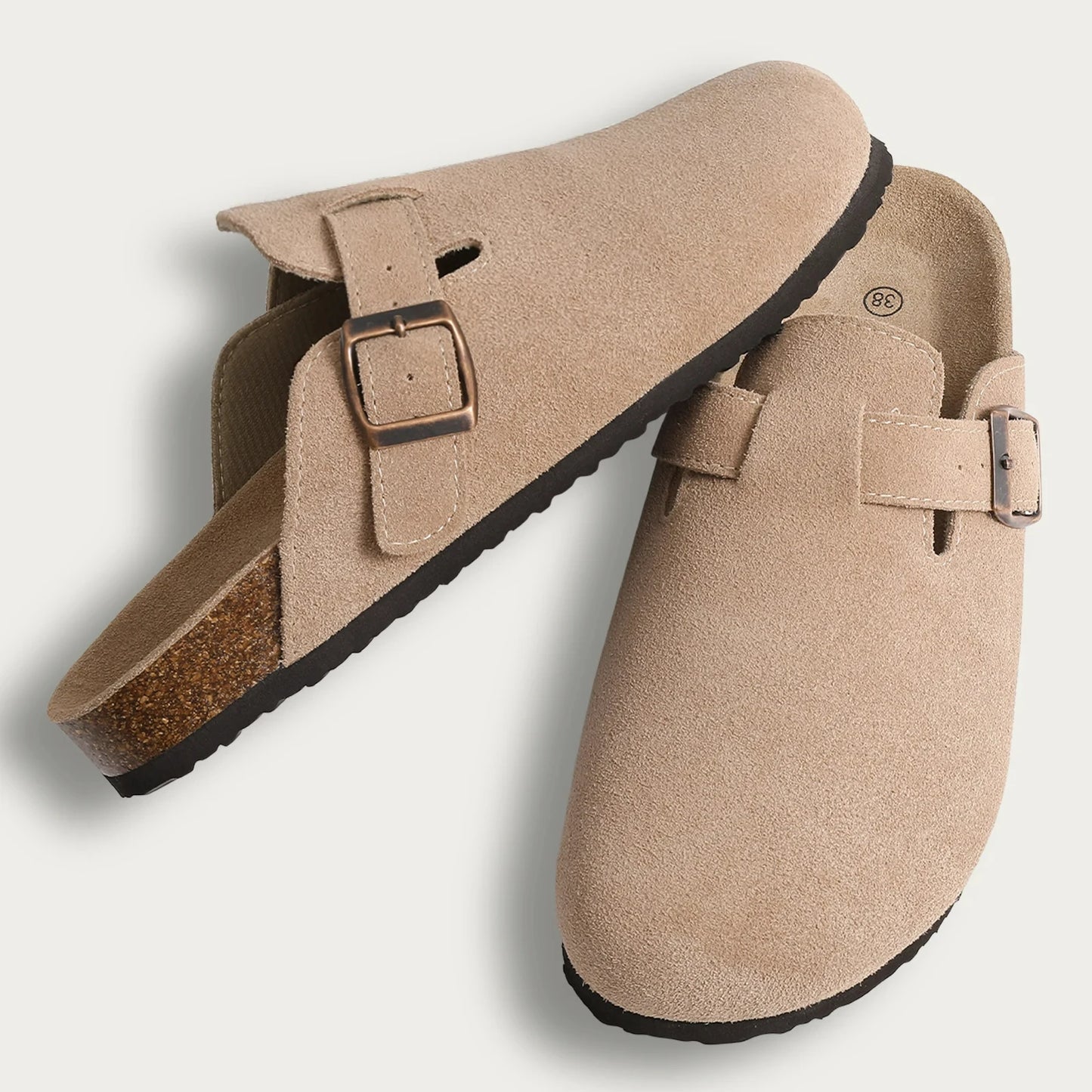 Crestar Women's Suede Clogs Lady Fashion Buckle Leather Mules Comfort Cork Footbed Potato Shoes with Arch Support Beach Sandal