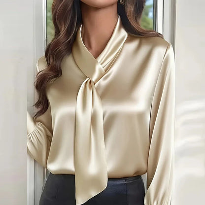 Satin Long Sleeve Shirt Women Elegant Slik Tops Female Solid Color Office Blouse For Women Spring Autumn Pullover