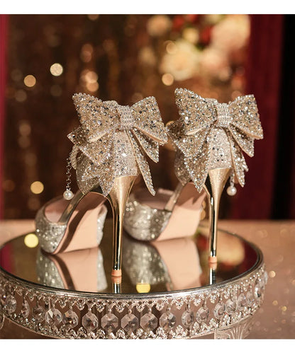 Shiny Glitter Bow Pearl Chain High Heels Wedding Banquet Dress Wedding Shoes Women's Shoes