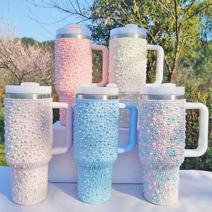 40oz Stainless Steel Vacuum Insulated Tumbler with Rhinestone Handle - Glittery Rhinestone Design