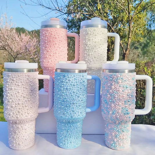 40oz Stainless Steel Vacuum Insulated Tumbler with Rhinestone Handle - Glittery Rhinestone Design