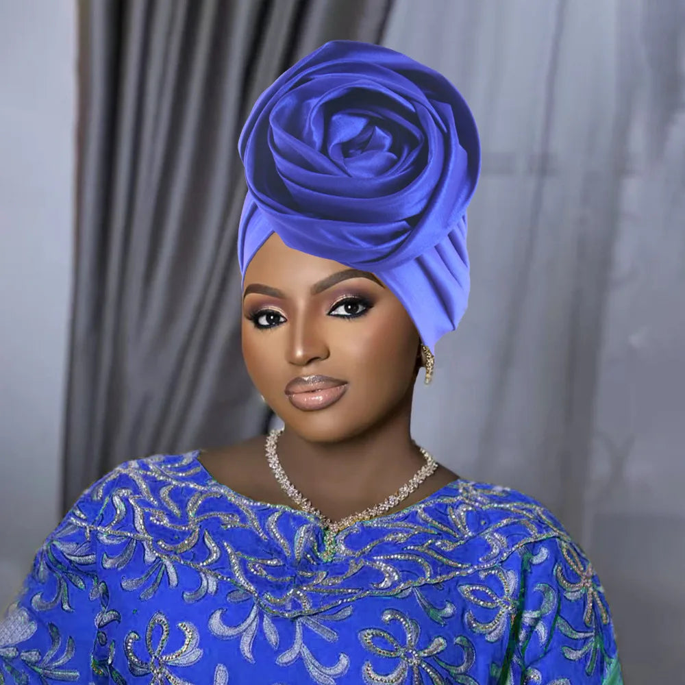 Raw Silk Big Rose Flower African Turban Caps for Women Headwear Head Wraps Nigerian Wedding Geles Party Headgear Bonnet