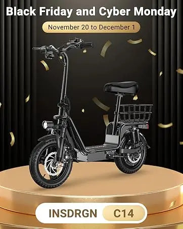 INSDRGNC14 adult electric bicycle foldable with seat electric scooter900W20MPH double disc brake high-strength frame load 300lbs
