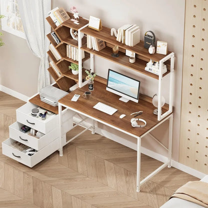 Computer Desk with Hutch, Home Office Desk with Drawers and Bookshelf, 52'' Study Writing Desk with Storage Shelves