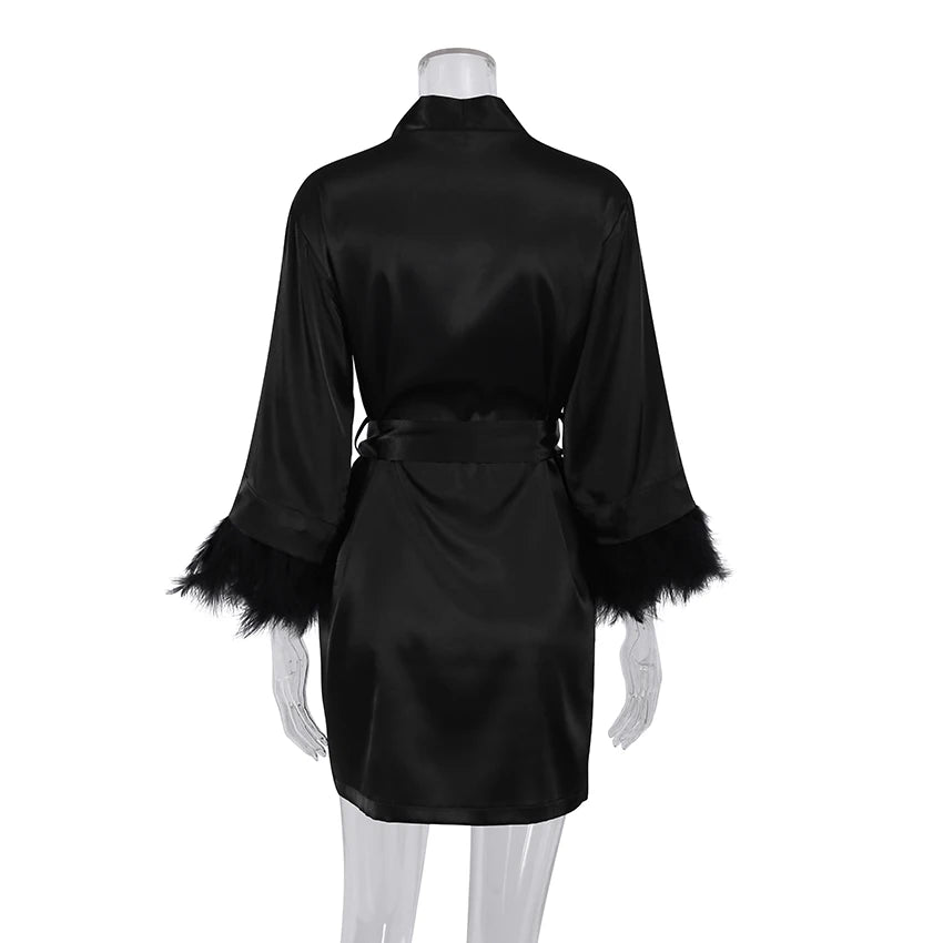 Feather Bathrobes Satin Sexy Mini Dress Long Sleeve Loose Peignoirs For Women Robe White Wedding Dress Black Bride Dresses