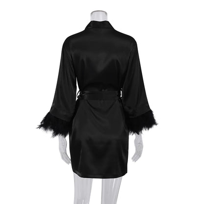 Feather Bathrobes Satin Sexy Mini Dress Long Sleeve Loose Peignoirs For Women Robe White Wedding Dress Black Bride Dresses