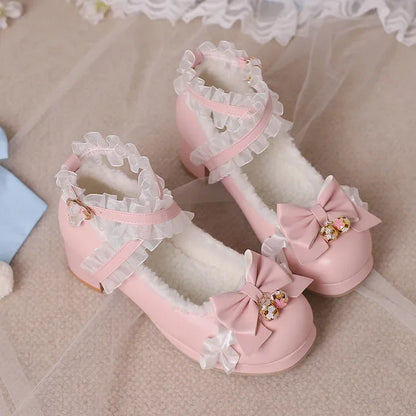 Cross Strap Women High Heels Mary Jane Pumps Party Wedding Cosplay White Pink Black Strawberry Bow Princess Cosplay Lolita Shoes