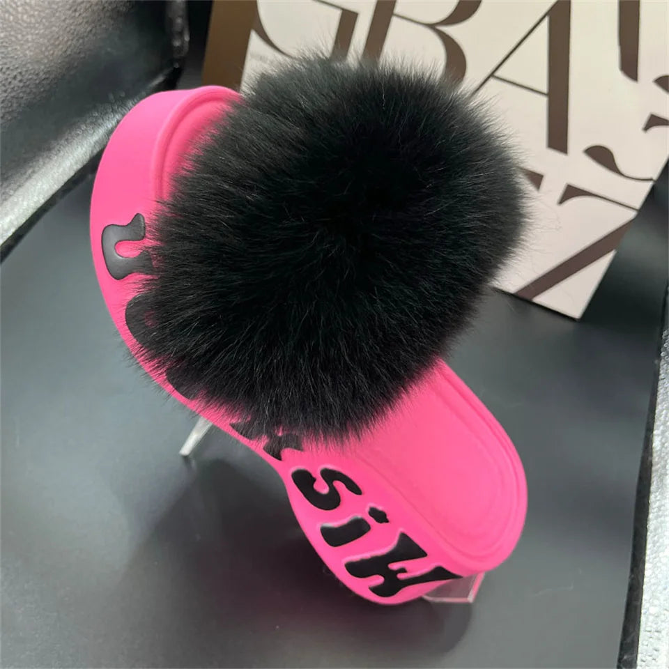 Real Fox Fur Slippers for Woman Luxury 2025 Slippers Summer Woman Sandals Thick Sole Pink Fur Slippers Fluffy Slides for Woman