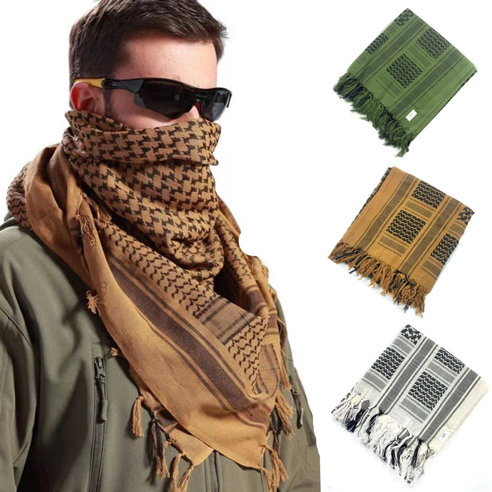 100% Cotton 110 X 110cm Hunting Scarf Shemagh Tactical Desert Keffiyeh Head Neck Scarf Arab Wrap with Tassel