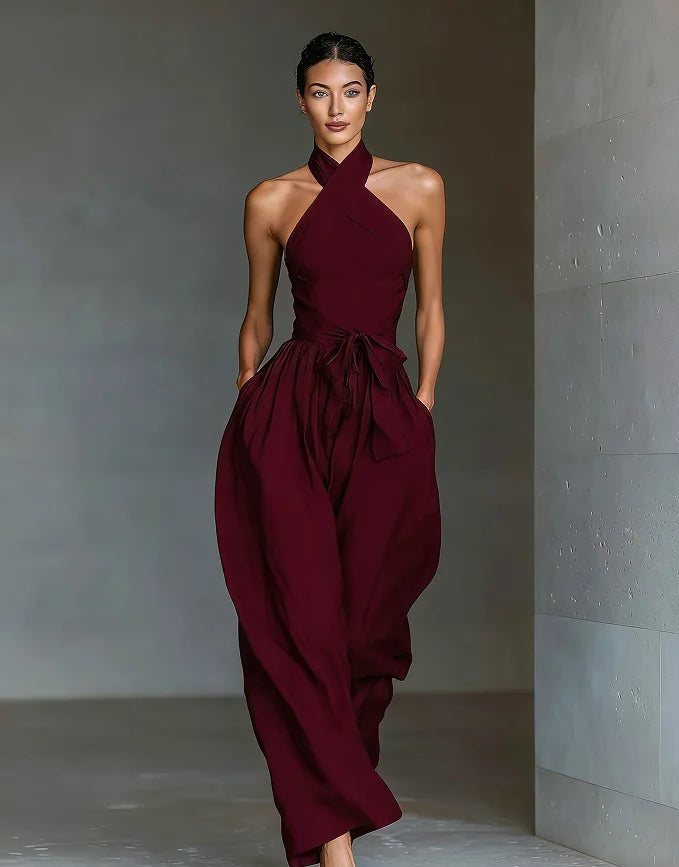 Chic High Waist Tie-up Wide Leg Pants Jumpsuit Women Sexy Criss Cross Halter Backless Zips Romper Summer Solid Office Overalls