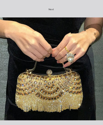 Diamond Evening Clutch Bag Golden Tassel Handbag Boutique Novelty Metallic Rhinestone Purses And Handbags Bridal Wedding Party