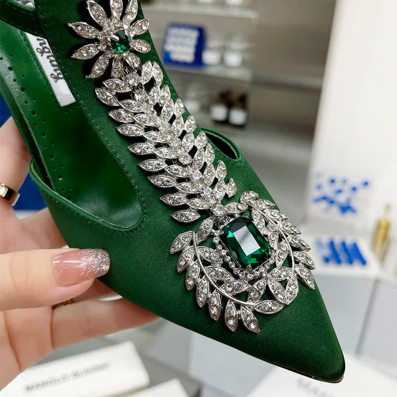 Ladies Wedding Shoes Rhinestone Pointed Toe High Heels Satin Gemstone Stiletto Sandals 2022 New Baotou Fairy Pump Wedding Shoes