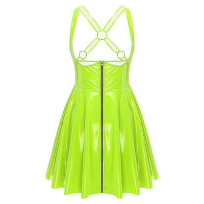 Gothic Punk Women Wet Look Latex Leather Dress Sleeveless Front Cut Out Cups Bodycons Dress Sexy Raves Party Nightclub Clubwear