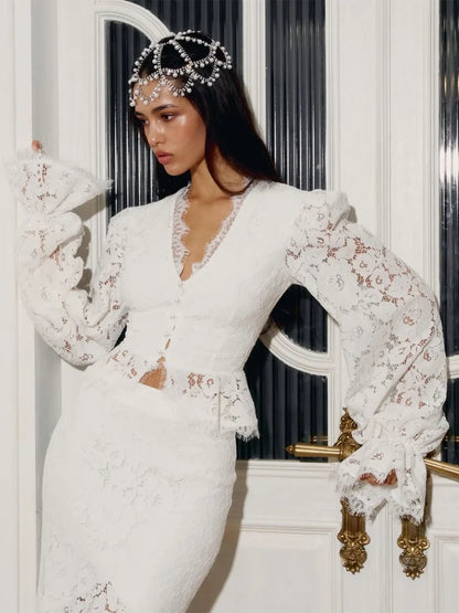 White Lace Patchwork Long Skirt Set Women Chic Full Flared Sleeves V-neck Slim Cropped Sets 2026 Lady Spring Evening Party Wear
