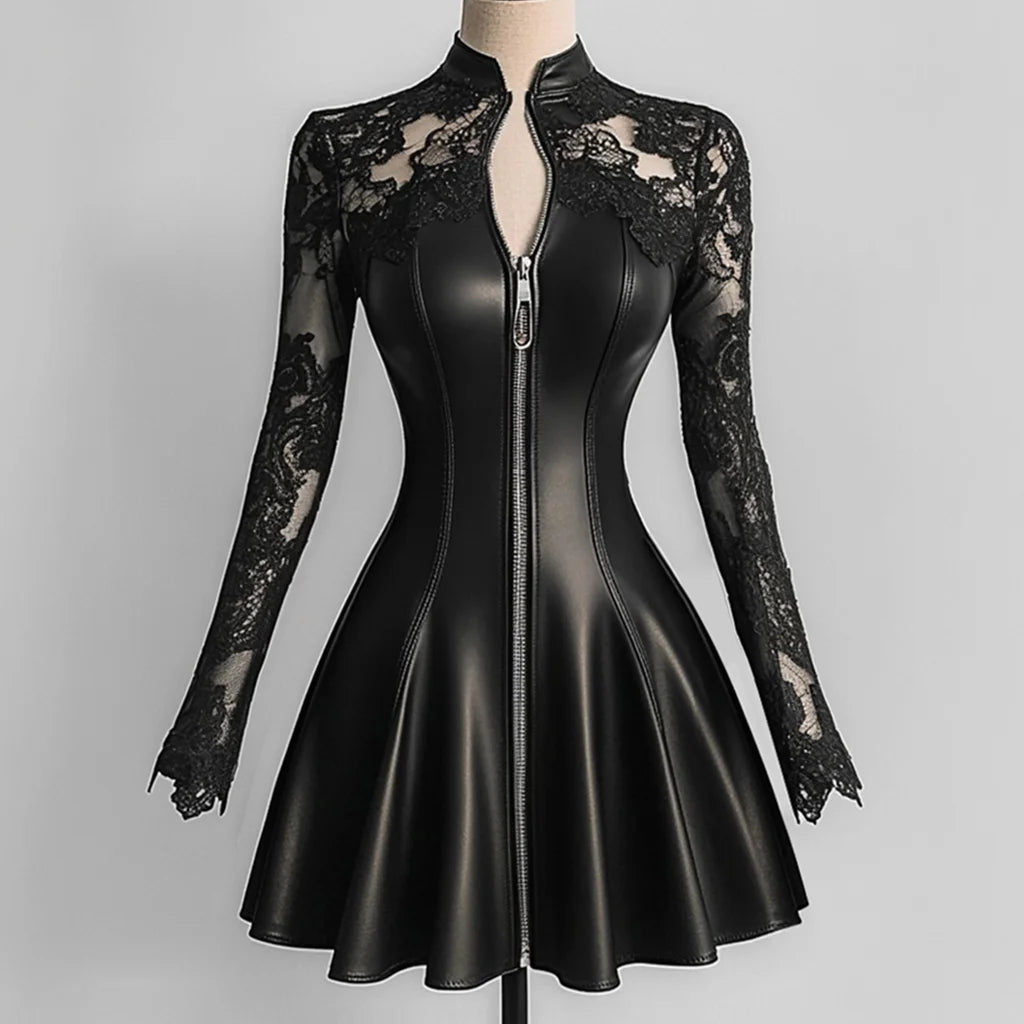 PU Leather Dresses for Women Stand Collar Lace Long Sleeve Zipper Slim Fit Mini Dress Woman Elegant A-Line Dress Streetwear Top