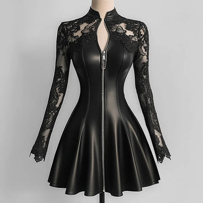 PU Leather Dresses for Women Stand Collar Lace Long Sleeve Zipper Slim Fit Mini Dress Woman Elegant A-Line Dress Streetwear Top