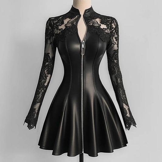 PU Leather Dresses for Women Stand Collar Lace Long Sleeve Zipper Slim Fit Mini Dress Woman Elegant A-Line Dress Streetwear Top