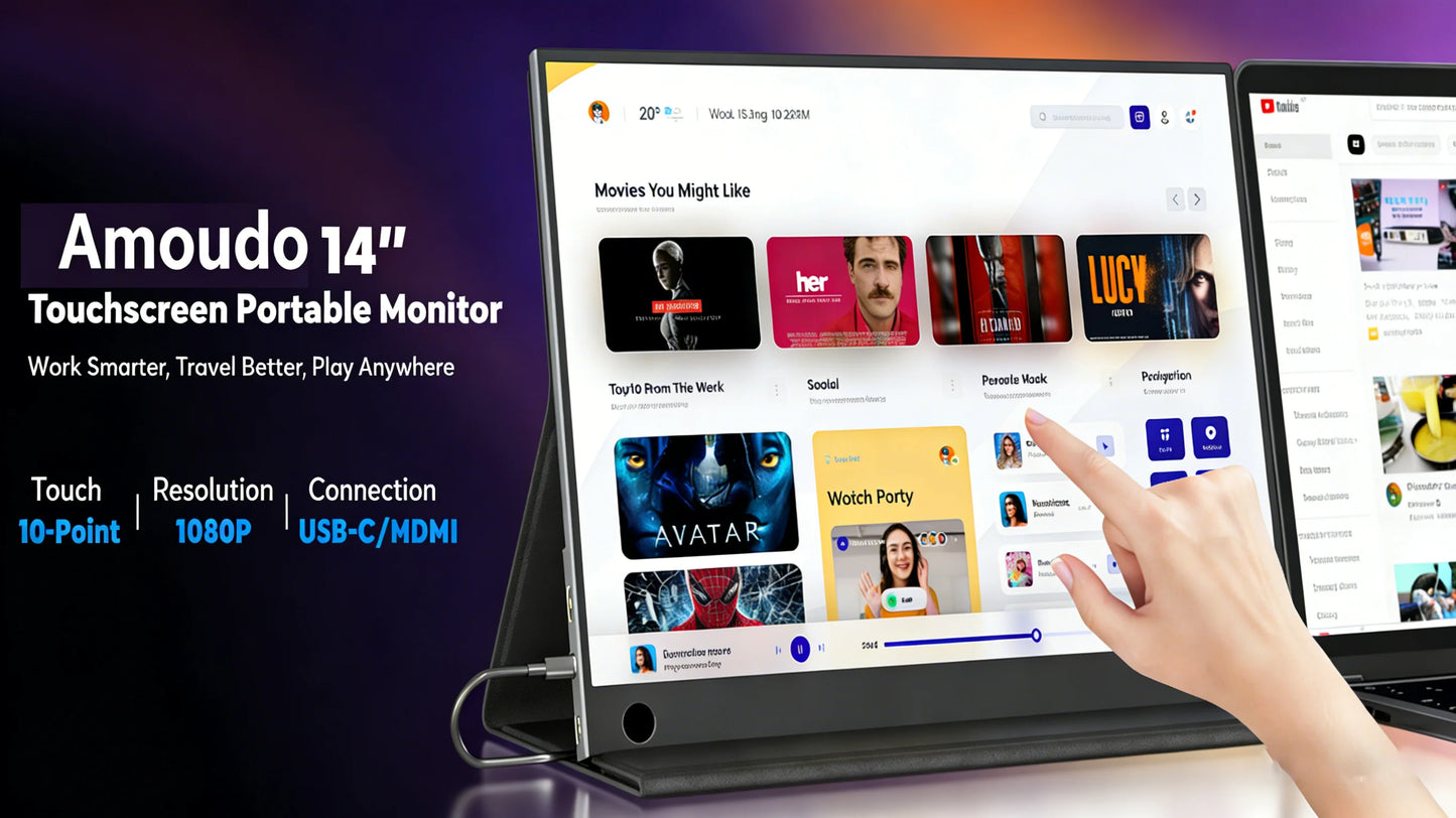 Amoudo 14 Inch Touch Portable Monitor 1920 X 1080P Second Screen FHD Lightweight Thin USB Type-C Mini HDMI Extend Screen