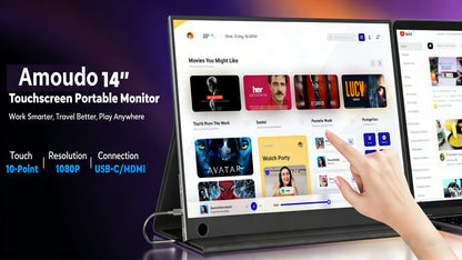Amoudo 14 Inch Touch Portable Monitor 1920 X 1080P Second Screen FHD Lightweight Thin USB Type-C Mini HDMI Extend Screen