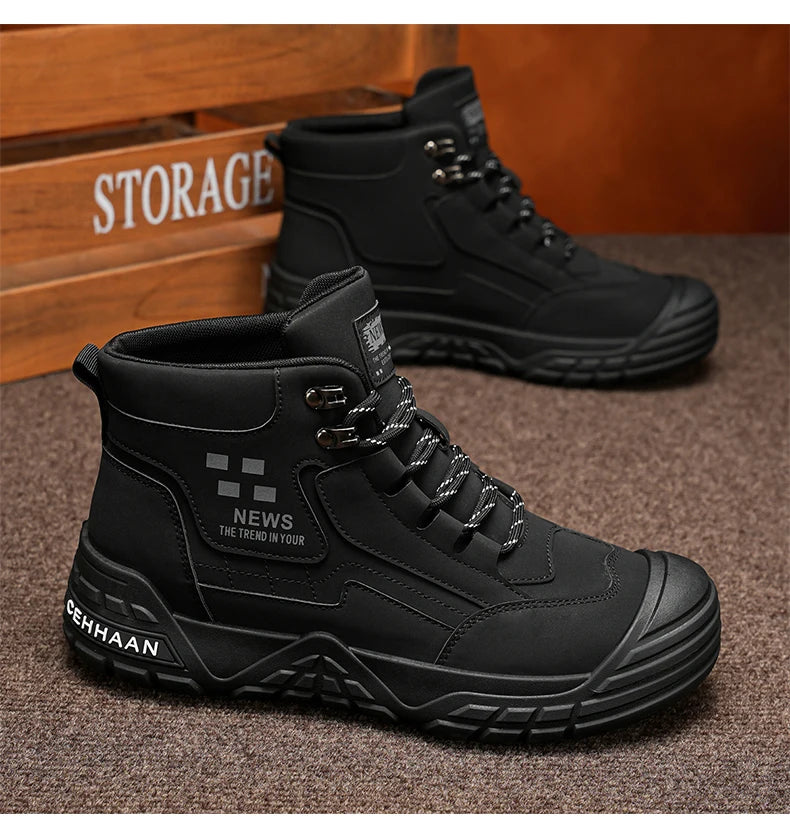 Original Black Leather Ankle Boots For Men Outdoor Non-slip Work Boots Men's Motorcycle Boots Platform High Top Bikers Shoes Man