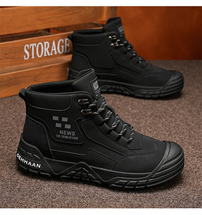 Original Black Leather Ankle Boots For Men Outdoor Non-slip Work Boots Men's Motorcycle Boots Platform High Top Bikers Shoes Man