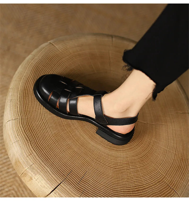 2023 Women Sandals Retro Genuine Leather Luxury Roman Sandals Casual Buckle Strap Summer Shoes GLADIATOR Thick Heel Women Shoes