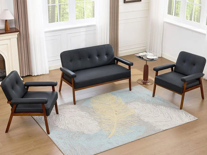Black Leather Love seat Sofa and Accent Chairs, Mid-Century Modern Office Furniture LoveSeat Couch and Chair Set, Customized