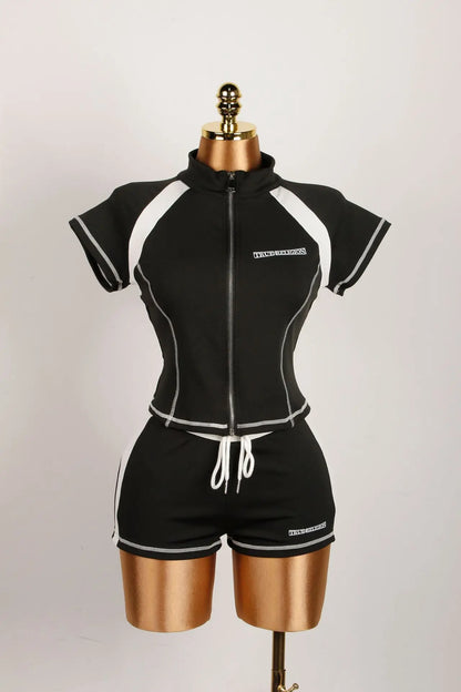 2025 Summer European and American Street Spice Girl Style Zipper Cardigan Slim Casual Sports Short-sleeved T-shirt Top Set