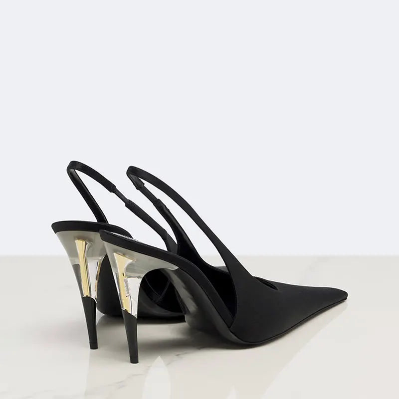 Women Satin Pointed‑Toe Stiletto Pumps with Clear Heel, Elegant Back Strap Dress Heels for Formal Dating Club Occasions