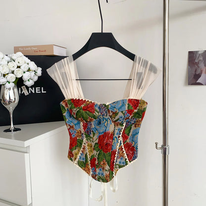 SINGREINY Women Strap Vintage Lingerie Camisole Sleeveless Lace Up Backless Mini Top  American Retro Slim Sexy Print Tank Top