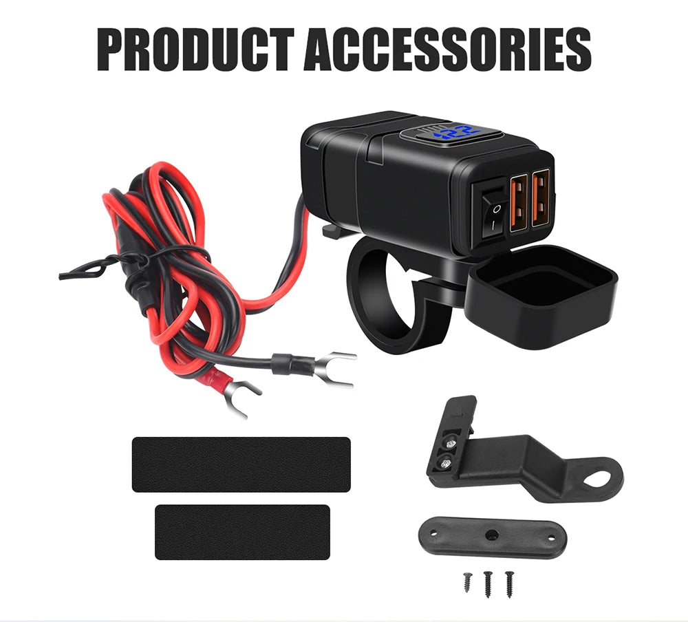 1x Motorcycle Dual USB Socket QC3.0 Fast Charger 60W Handle Style with Switch Voltmeter Waterproof 12V Power Supply Adapter Kit