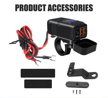 1x Motorcycle Dual USB Socket QC3.0 Fast Charger 60W Handle Style with Switch Voltmeter Waterproof 12V Power Supply Adapter Kit