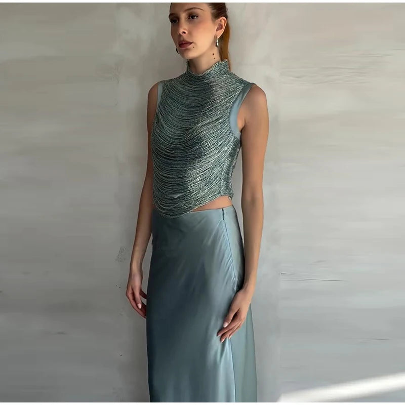 Elegant Tassel Crop Tops Satin Mermaid Skirt Sets Women Sleeveless Slim O-neck Vest Hip Package Skirts 2026 Summer Party Outfit