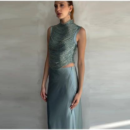 Elegant Tassel Crop Tops Satin Mermaid Skirt Sets Women Sleeveless Slim O-neck Vest Hip Package Skirts 2026 Summer Party Outfit