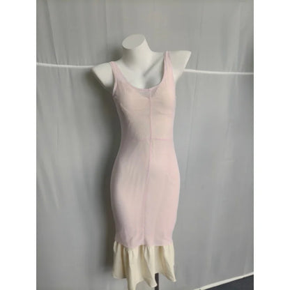 Sheer Mesh Overlay Lace Hem Slip Midi Dress Slim Spaghetti Strap 2026 Summer Elegant Women Bodycon Dress Trendy Date Lady Gown