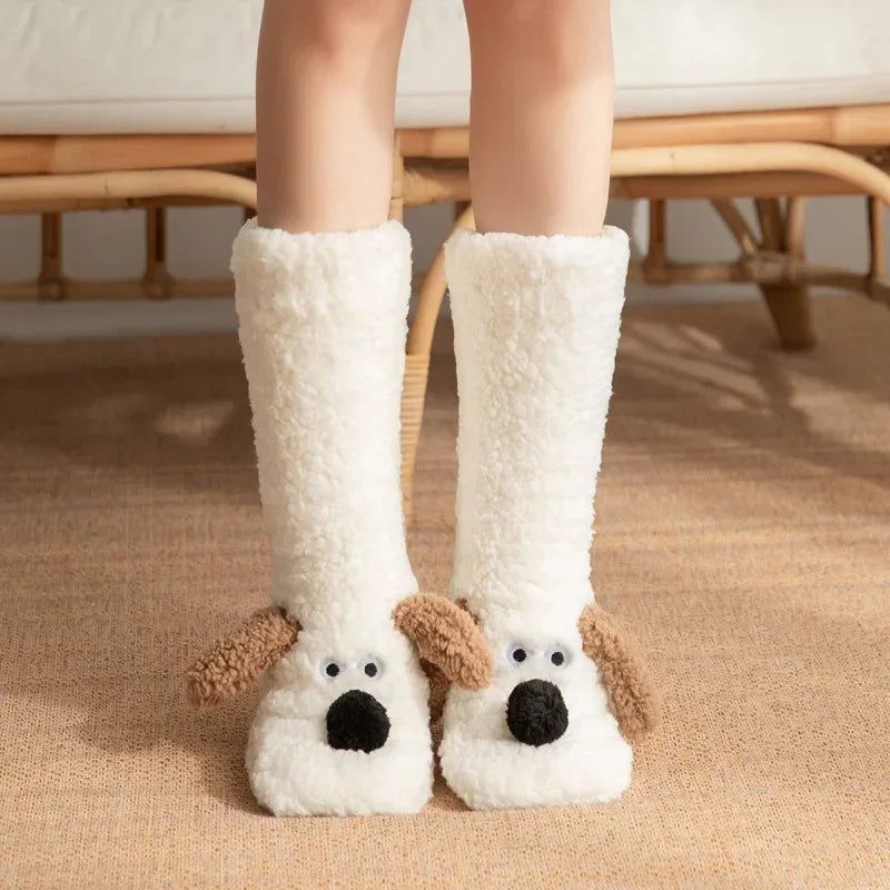 Fuzzy Fluffy Sock Women Cartoon 3D Dog Winter Warm Plush Non slip Home Sleeping Soft Female Floor Thermal Funny Slipper Sock