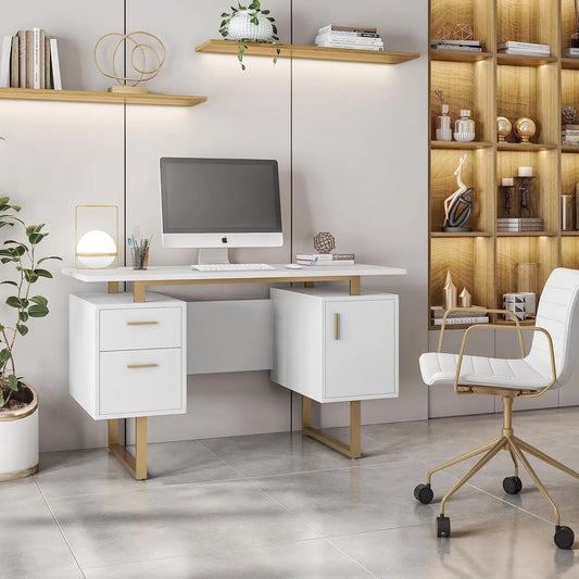 Modern Office Desk with Storage Drawers and Cabinet, Large Floating Desktop, White/Gold Finish