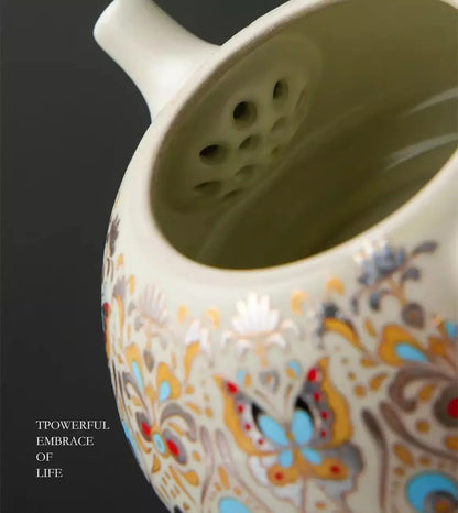 Hand Drawn Ceramic Teapot, Vintage Chinese Kung Fu Teapot, Household Brewing Porcelain Tea Set, Vintage Floral Design