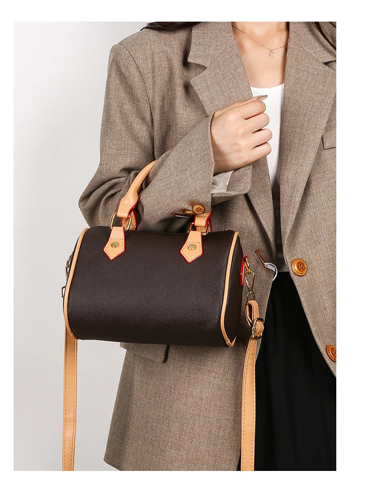 Vintage Brown PU Leather Boston Bag Women's Lightweight Small Crossbody Bag Luxury Designer Handbag Shoulder Bags for Phone