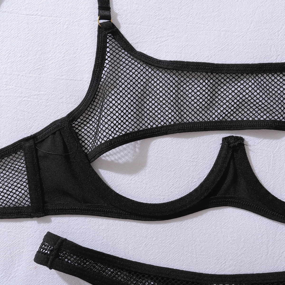 AVELINE Fashion Hollow Mesh Splicing PU Leather Gathering Sexy Strap Underwear Set