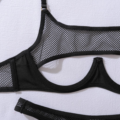AVELINE Fashion Hollow Mesh Splicing PU Leather Gathering Sexy Strap Underwear Set