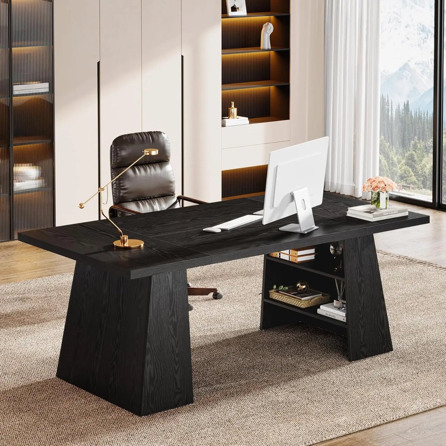63-Inch Executive Desk, Modern Black Office Desk with Double Pedestal and Storage Shelves, Simple Large Computer, Customized