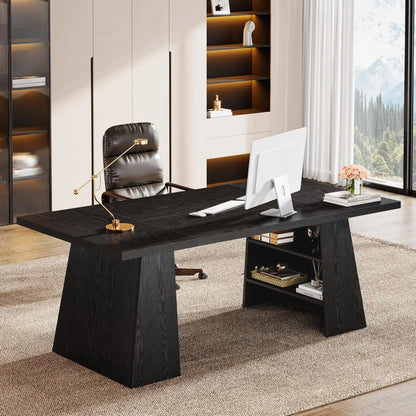 63-Inch Executive Desk, Modern Black Office Desk with Double Pedestal and Storage Shelves, Simple Large Computer, Customized