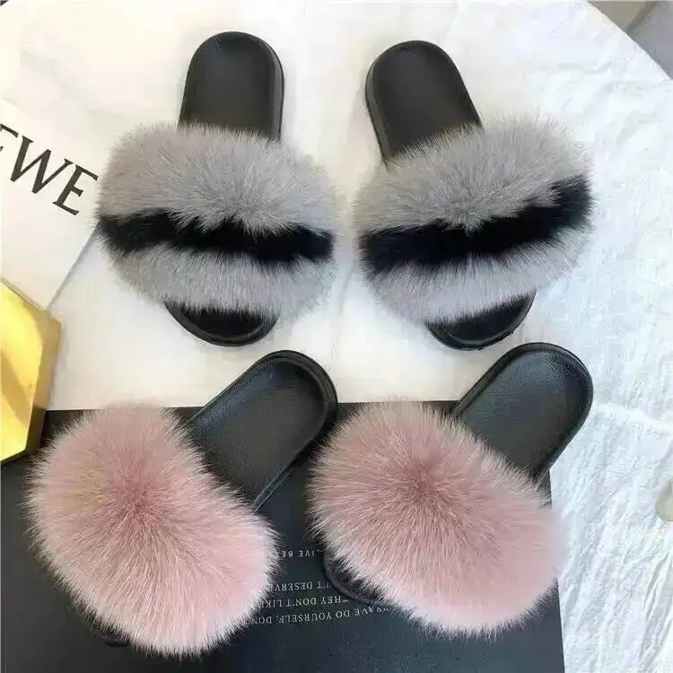 Women's Fluffy  Slides Fashion Plush fluffy Flat Sandals Casual Indoor Outdoor Beach Casual Slippers